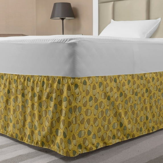 Acorn Bed Skirt, Pattern with Acorns and Dots in Yellow Shaded Background Doodle, Elastic Bedskirt Dust Ruffle Wrap Around for Bedding Decor, 4 Sizes, Earth Yellow Pale Yellow, by Ambesonne