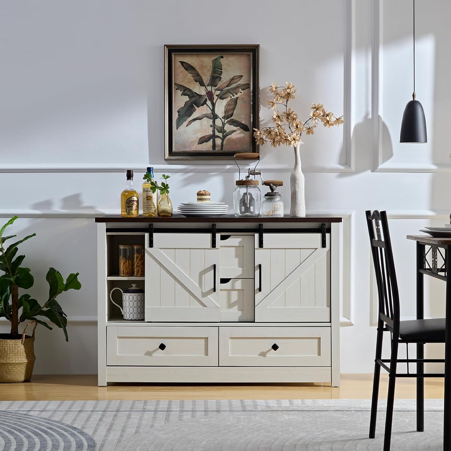 BOSHIRO 4-Drawer Sliding Barn Door Dresser, Antique White with Dark Brown Top, Farmhouse Wide Chest for Bedroom and Living Room