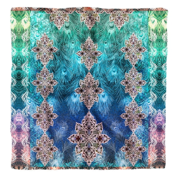 Phagun Blue Peacock Feather Printed Square Pure Silk Scarf For Hair Neck Head Bandanas For Women