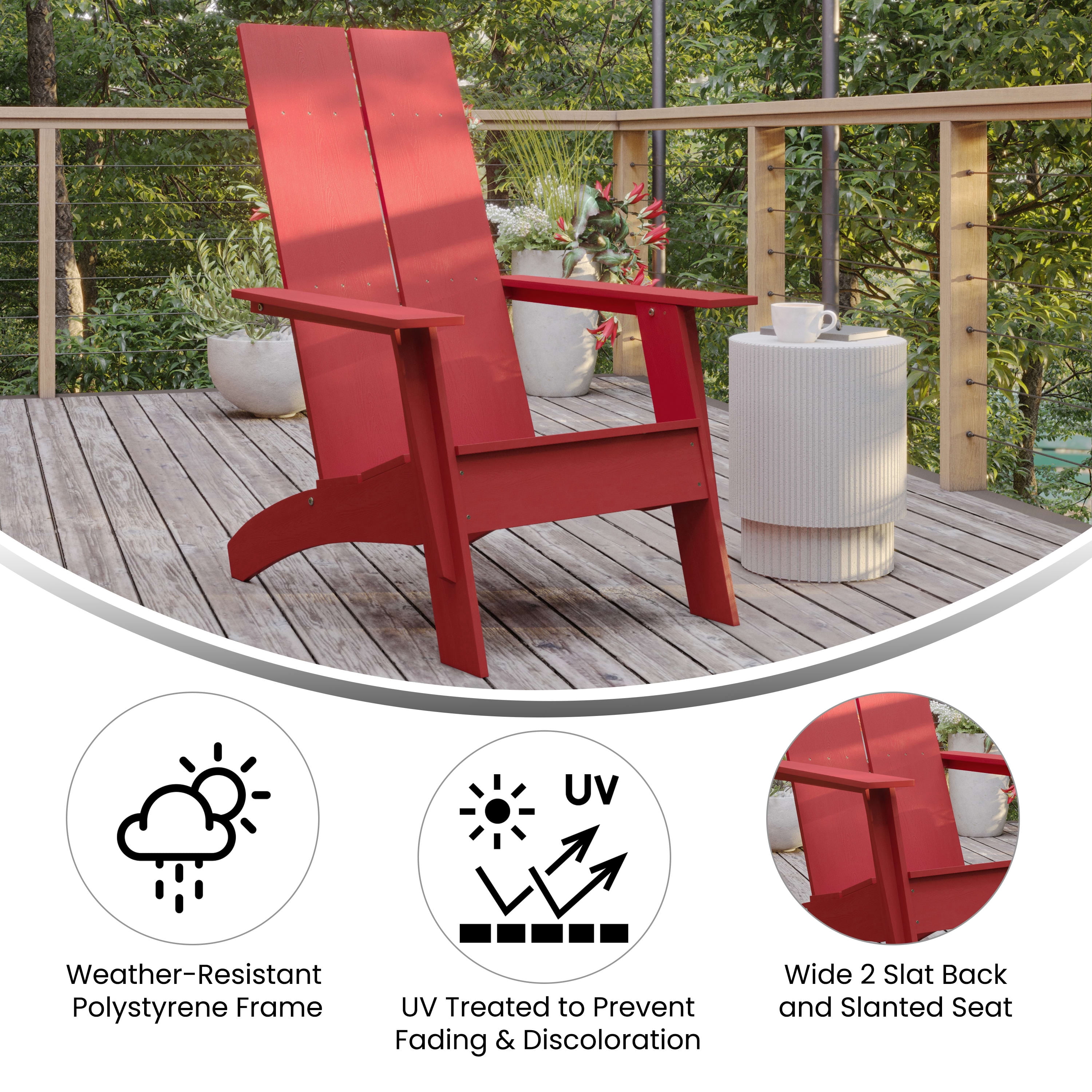 BizChair Modern Commercial 2-Slat Back Adirondack Chair - Red Commercial All-Weather Poly Resin Lounge Chair