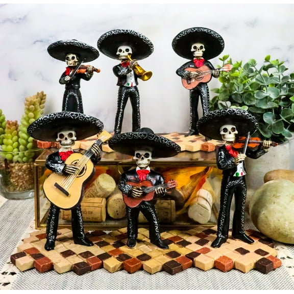 Ebros Gift Day of The Dead 5.5” Black Mariachi Band Skeleton Figurines "Set of" 6