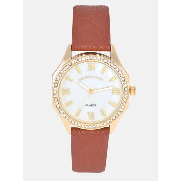 U.S. Polo ASSN. Ladies Goldtone Round Analog Watch with Camel PU Strap and Crystal Bezel