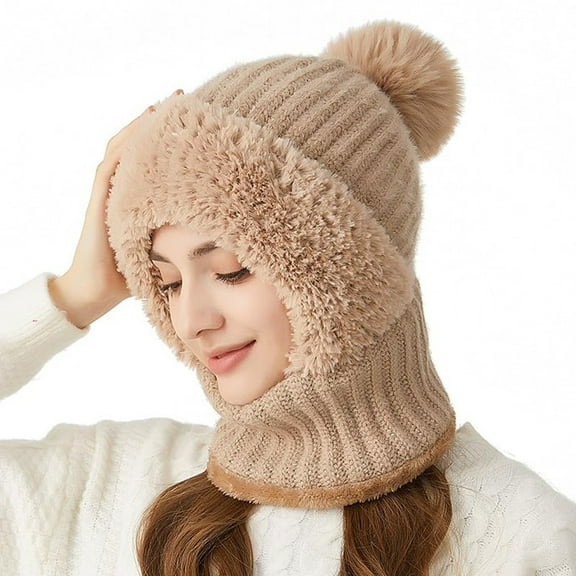 Womens Knit Beanie Hat Fleece Lined  One Piece Hats Women Warm Winter Hat Scarf Mask with Plush Earmuff