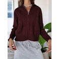 thumbnail image 2 of Women Trendy Collared Long Sleeve Zipper Front Cable Knit Cardigan Sweater Fall Oversized Coat Wine Red XL, 2 of 5