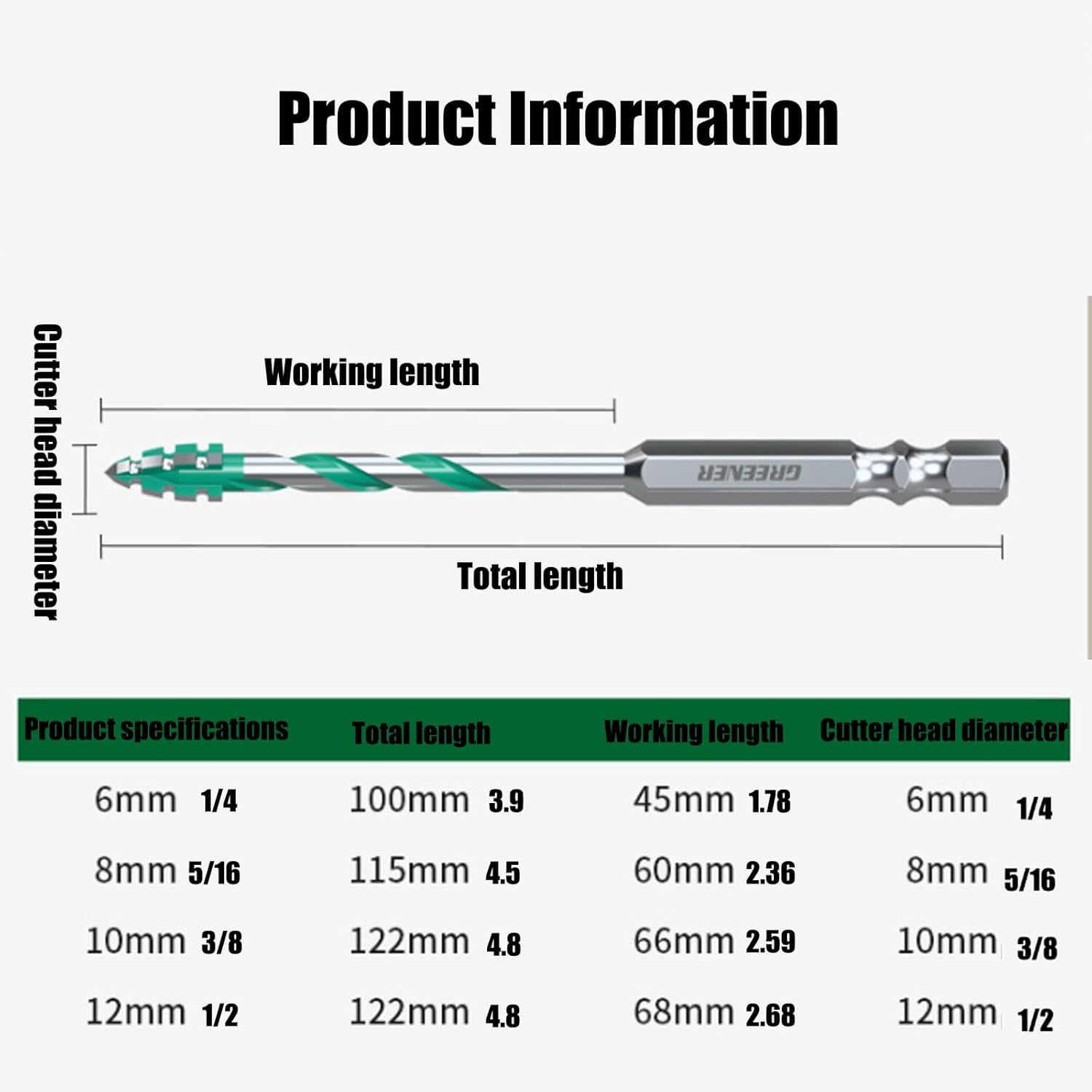 Beooshop Four Blade Serrated Eccentric Drill Bits, 4-Flute Serrated Edge Drill Bit Set, Specifications 1/4, 5/16, 3/8, 1/2, Suitable for Ceramic Tiles, Marble Concrete (4 PCS)