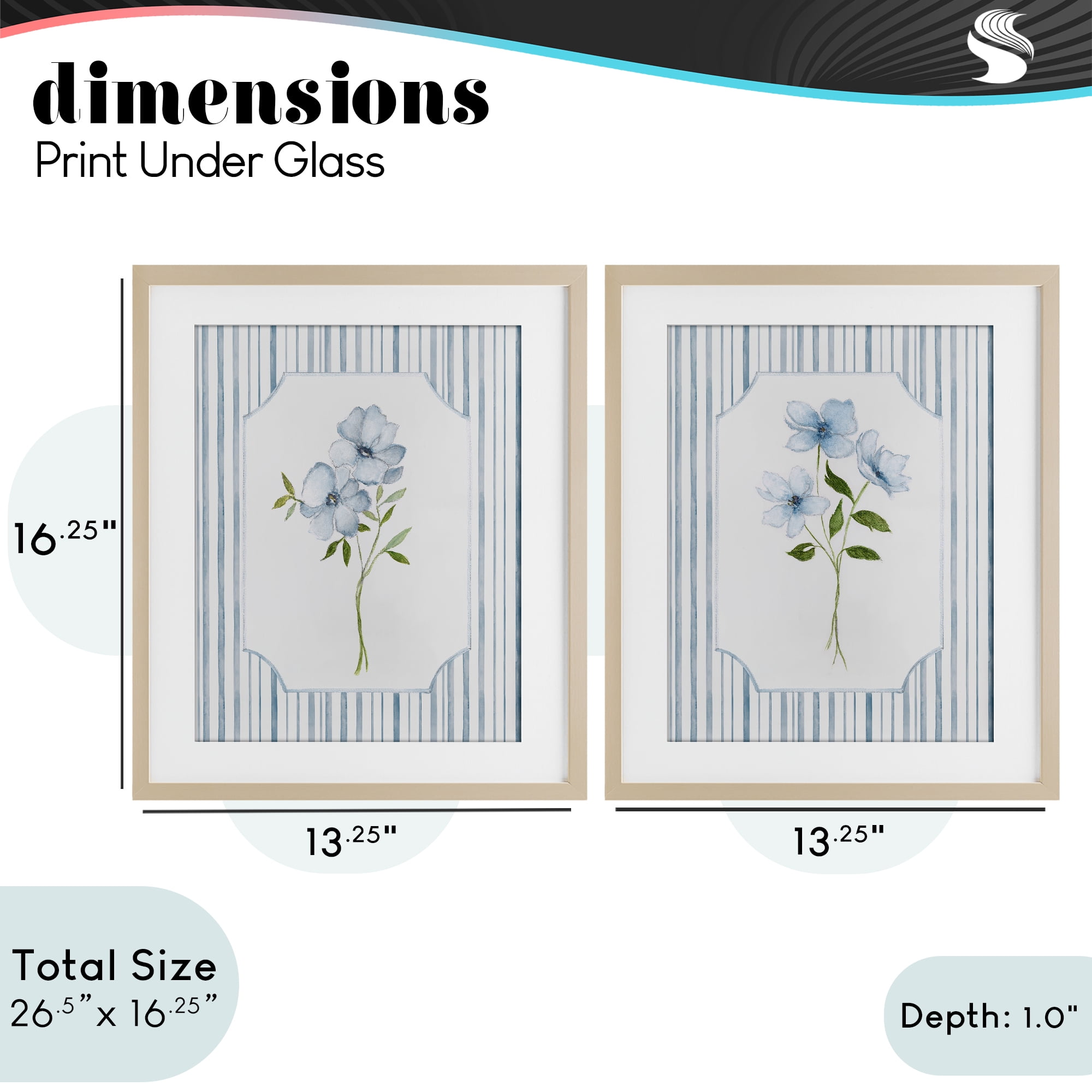 Stupell Industries Blue Blooms & Stripes 2 Piece Birch Framed Print Under Glass Set, design by Tava Studios