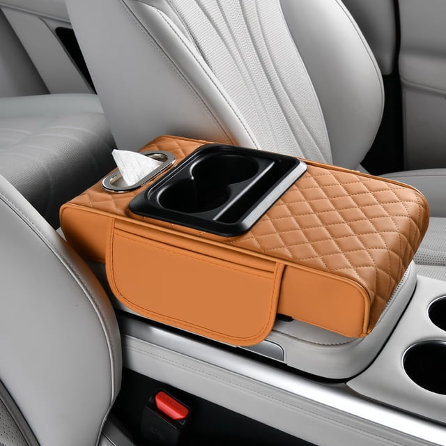 Car Center Console Cover, PU Leather Armrest Cushion Organizer with Double Cup Holder and Storage Box