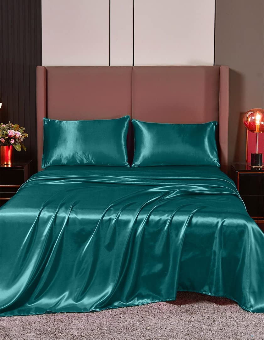 Cloud Fino Luxurious Satin bed sheets Teal Silk Sheets Queen Deep