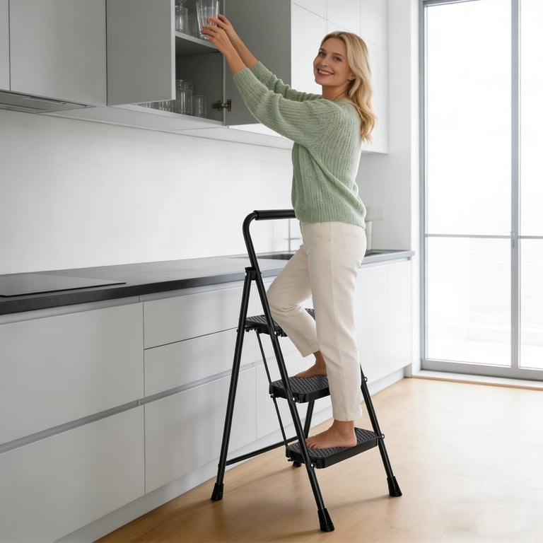 Makamsui 3-Step Folding Ladder – Step Stool With Wide Anti-Slip Pedal, 330 Lbs Capacity, Collapsible Iron Frame – For Home, RV, Or Outdoor Work – Black, 35.4" X 14.96" X 20.47"