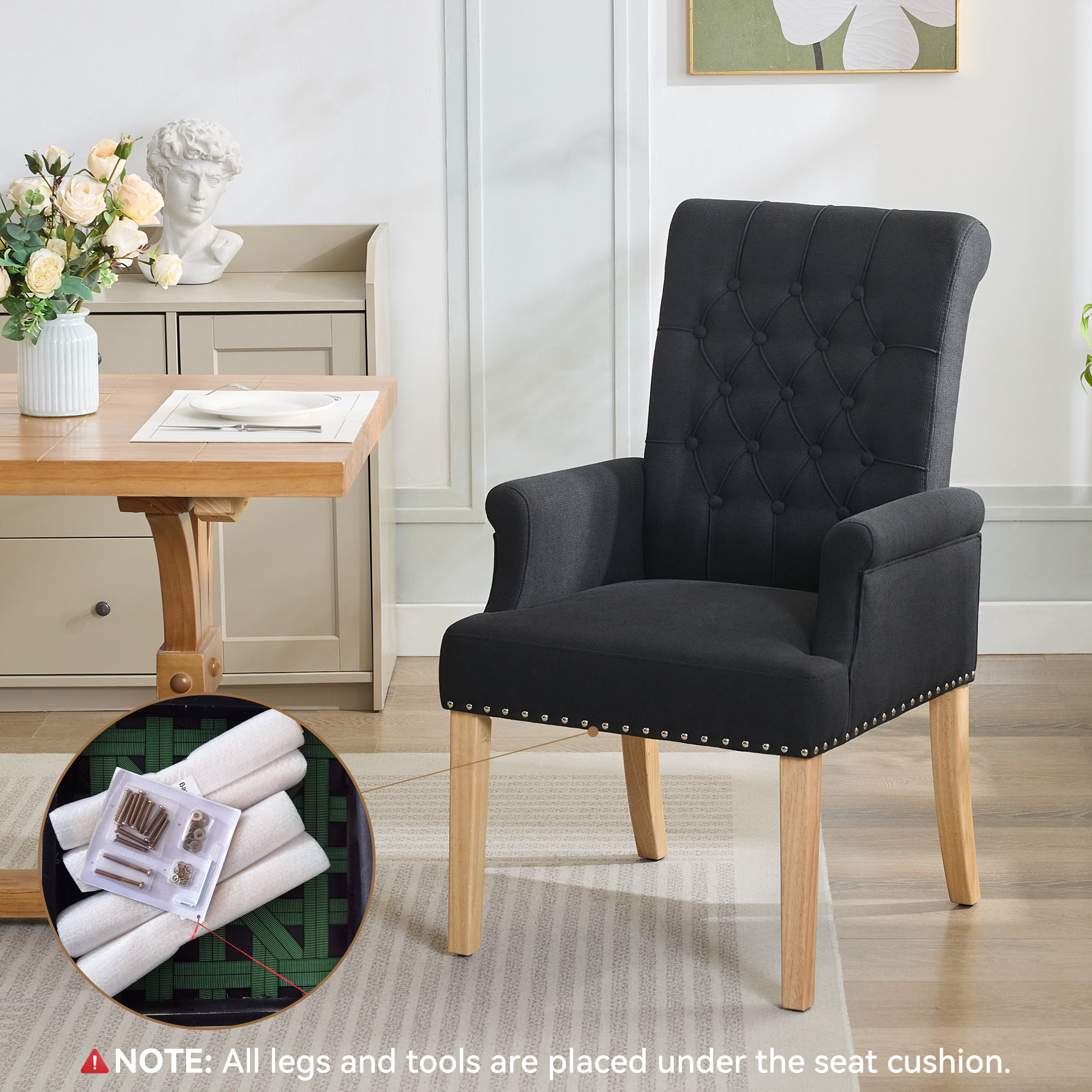 Fabric Upholstered Dining Chair with Arms, Tufted High Back Accent Coffee Armchair for Kitchen Dining Room Living Room, Black