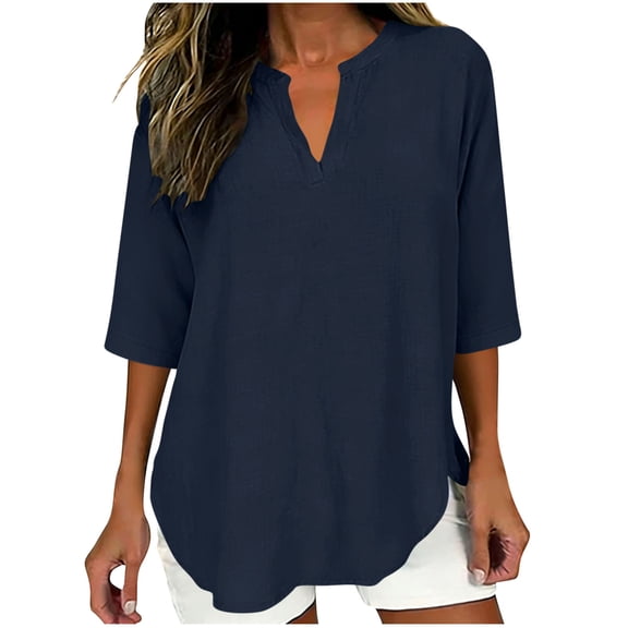 Enjoytime Women's Tops Solid Color V-Neck Half Sleeve Blouses Fashion Loose Casual Summer Beach Vacation Shirt 2026 Navy L