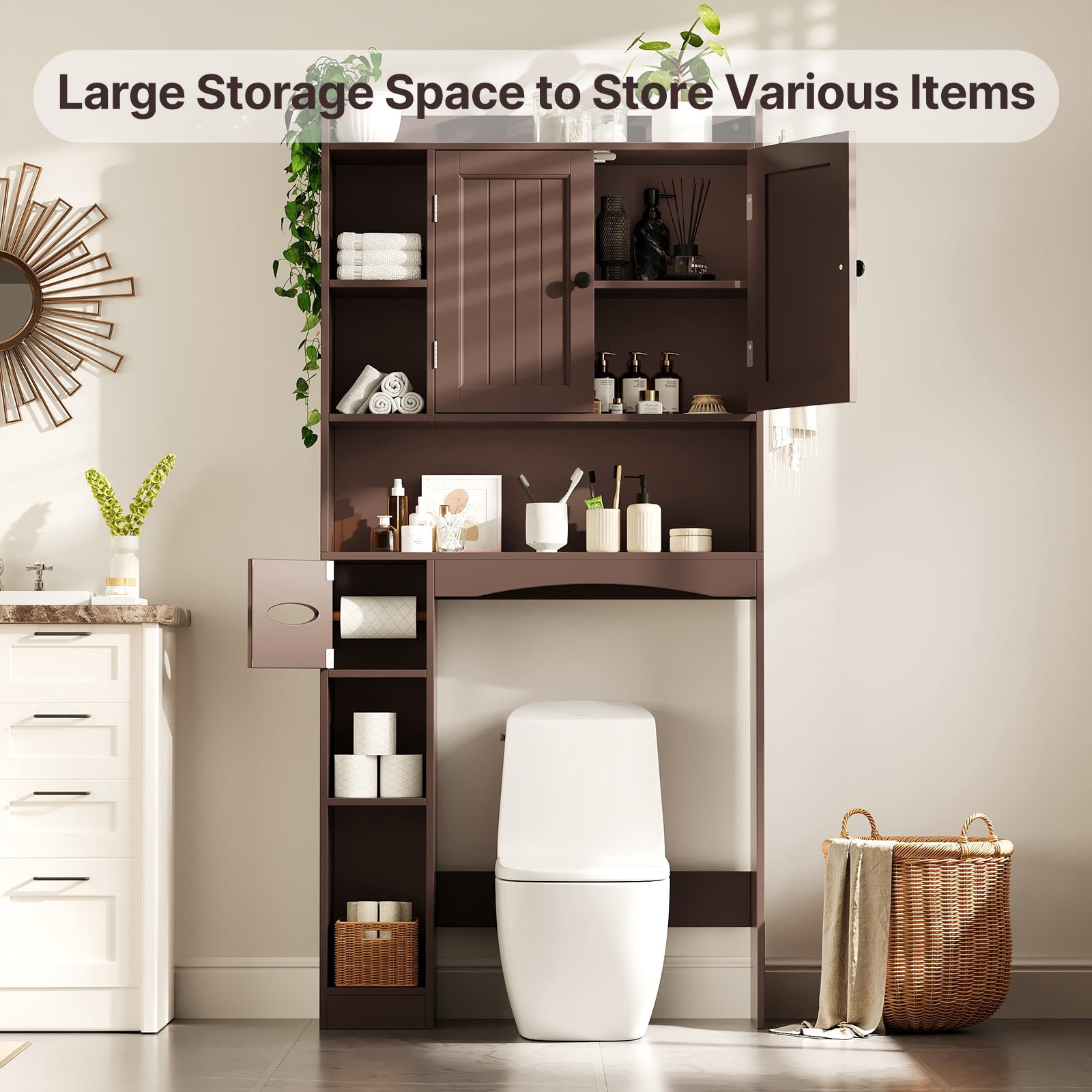Over the Toilet Storage Cabinet, Aiho 66" H Bathroom Space-Saving Organizer Above Toilet with 2 Doors & Adjustable Shlef, Perfect for Bathroom, Laundry, Dark Brown