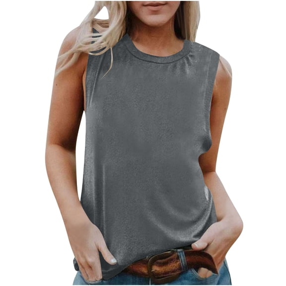 JIUKE Tank Tops for Women Sleeveless Solid Color Round Neck Shirt Casual Loose Fitted Plain Beach Blouses