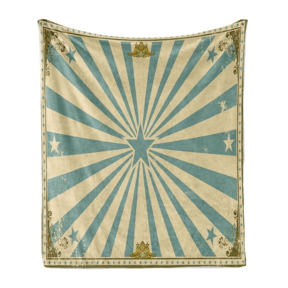 Circus Soft Flannel Fleece Blanket, Retro Grungy Texture Frame with Star at Centre and Sunbeam Rays Ribbon Pattern Print, Cozy Plush for Indoor and Outdoor Use, 50" x 70", Multicolor, by Ambesonne