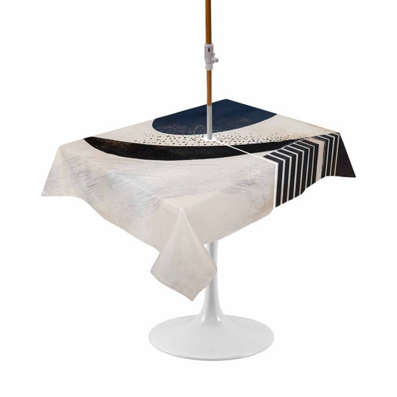 Outdoor Table Cloth with Umbrella Hole and Zipper, Navy Blue Black Abstract Art Waterproof Rectangle Tablecloth 54"x80", Modern Aesthetic Geometric Washable Table Cover for Outside Party Patio Picnic