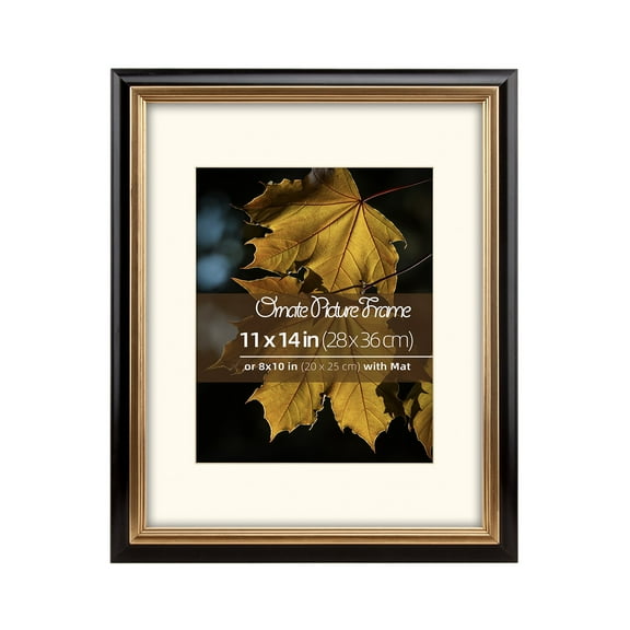 11x14 Wood Black and Antique Brass 2 Tone Vintage Retro Picture Frame, With Mat 8x10 inches, Real Wood Classic Profile, Glass Cover, Brass Inner Border