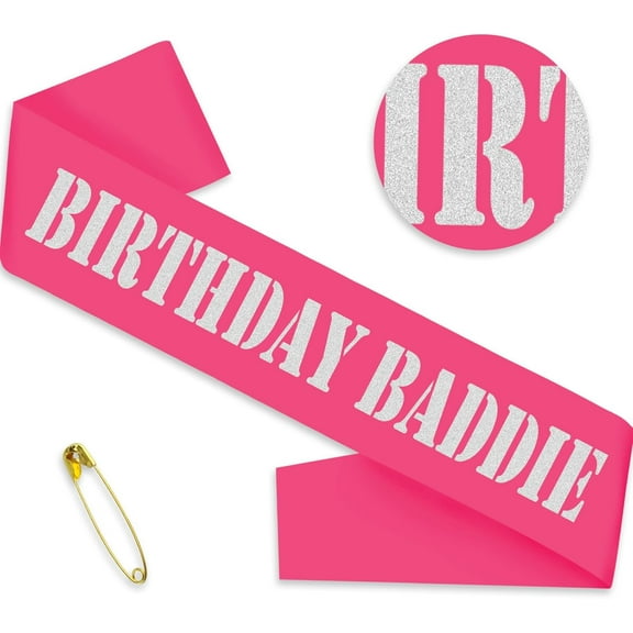 1 pcs "BIRTHDAY BADDIE Sash, Funny Hot Pink Silver Glitter Birthday Sash for Women and Men Birthday Party Favors Decorations Supplies Accessories, Great for Any Bday Gifts Ideas