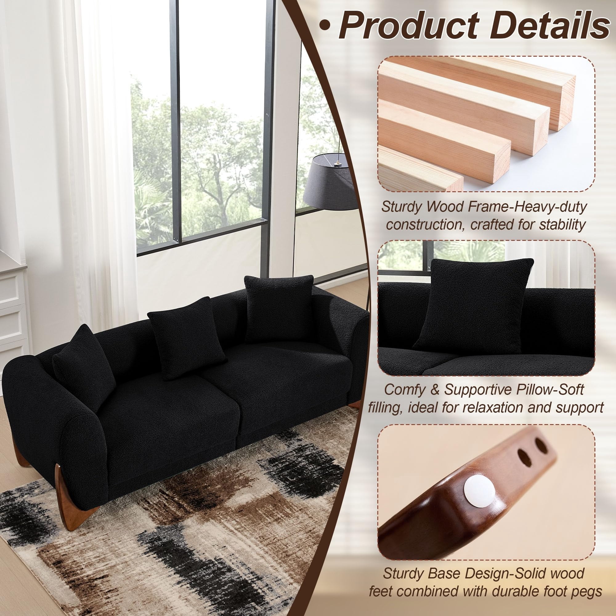 Aukfa 83" Comfy Sofa Sherpa Boucle Living Room Couch, 26" Extra Deep Seat, 4 Pillows, Black