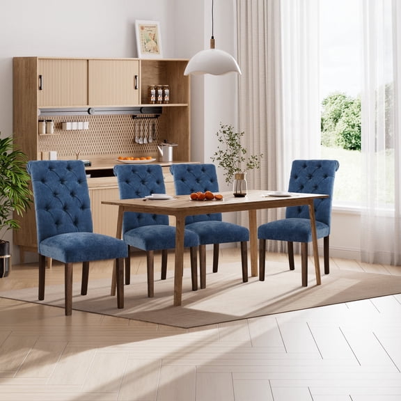EOP Upholstered Dining Chairs Set of 4, Parsons Fabric Kitchen Chairs with Padded Seat, Button Tufted Armless Dining Side Chairs with Wood Legs, Blue