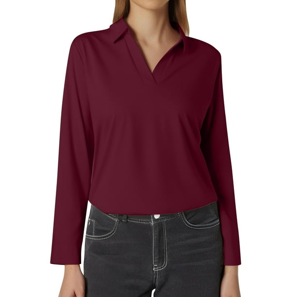 MHFRRA Camiseta de Manga Larga con Cuello En V y Solapa para Mujer, Color Liso, Talla 5 Vino