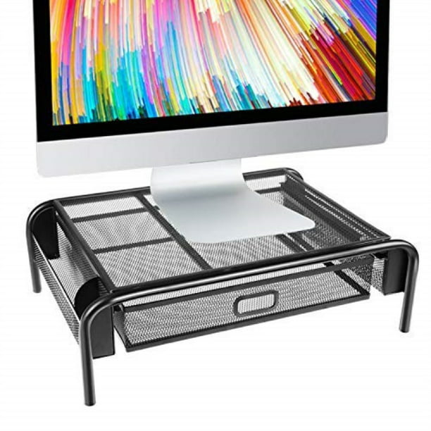 monitor stand riser, mesh metal printer stand holder with pull out storage  drawer and side compartments pockets for computer, laptop, imac, desk, 