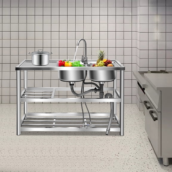 Peakora 3 in 1 Kitchen Utility Sink Stainless Steel Kitchen Sink with Two Sinks and Faucet Freestanding Outdoor Kitchen Commercial Sink with Double-Layer Storage Shelf