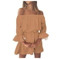 thumbnail image 1 of Mini vestido vintage con estampado, hombros descubiertos y mangas acampanadas para mujer: vestido informal y holgado de verano para la playa con diseño floral, tejido de poliéster, 1 of 5