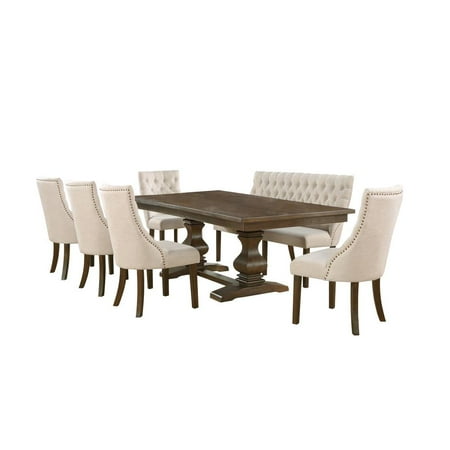 7pc Walnut Wood Dining Set with Extendable Table + Beige Linen Chairs + Bench