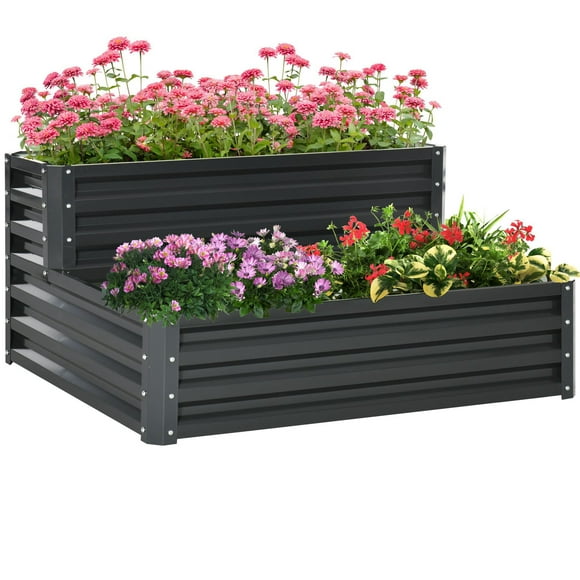 Outsunny Jardinière Surélevée à 2 Niveaux en Acier Galvanisé, Gris Foncé