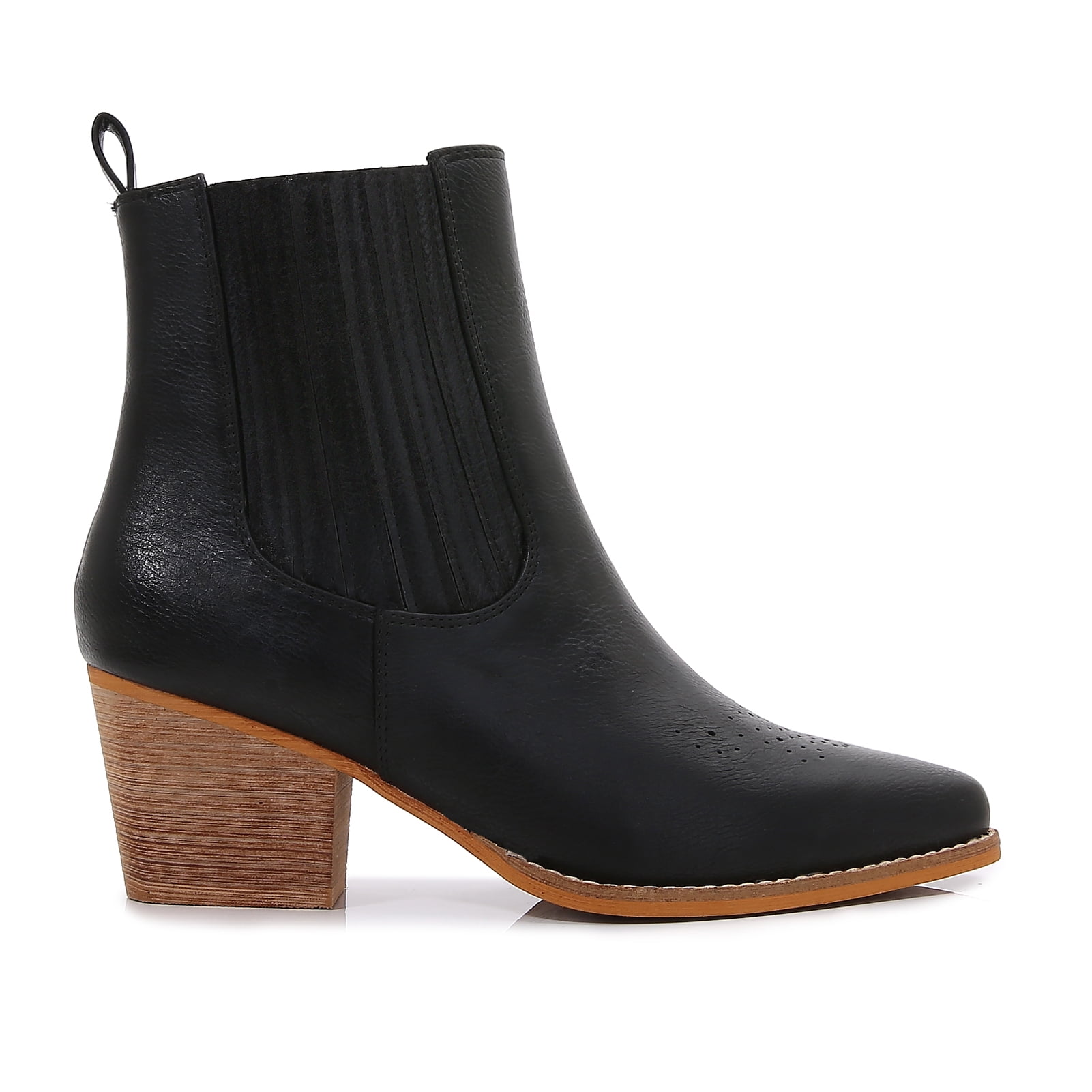 Women PU Leather Perforated Front Stacked Heel Ankle Boots with