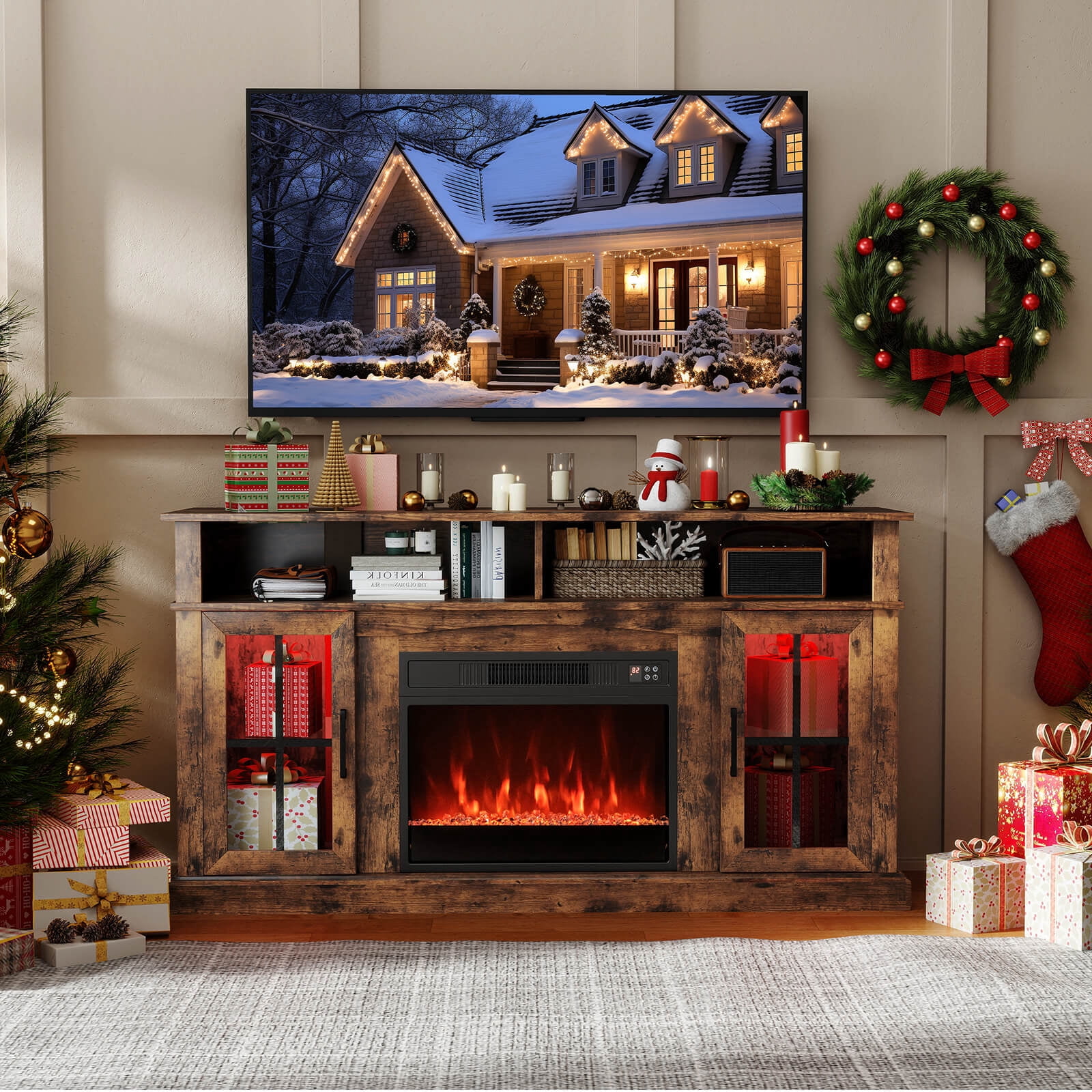 Costway 58" Fireplace TV Stand with LED Lights Entertainment Center for 65 Inch TV Brown