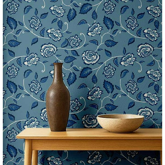 S4Sassy Peel & Stick Vinyl Wallpaper, Rose Vines Wall Paper Contact Paper Waterproof- Blue,25"x240", Removable Asian Style Covering for Home Decor in Bedrooms & Living, Renter Spaces, Cabinets