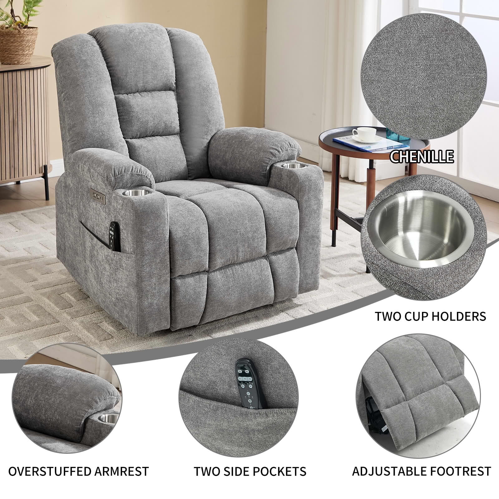 MAYEERTY Light Gray Chenille 350lbs Power Lift Recliner, Massage Heat USB-C 34"x39"x42" Wide Overstuffed for Elderly