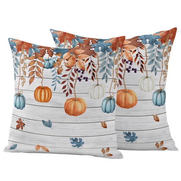 Outdoor Pillow Covers 26x26 Set of 2, Orange Blue Pumpkins Fall Waterproof Patio Throw Pillow Covers for Couch Sofa Chair, Weeping Botanical Thanksgiving Vintage Pillowcases for Throw Pillows