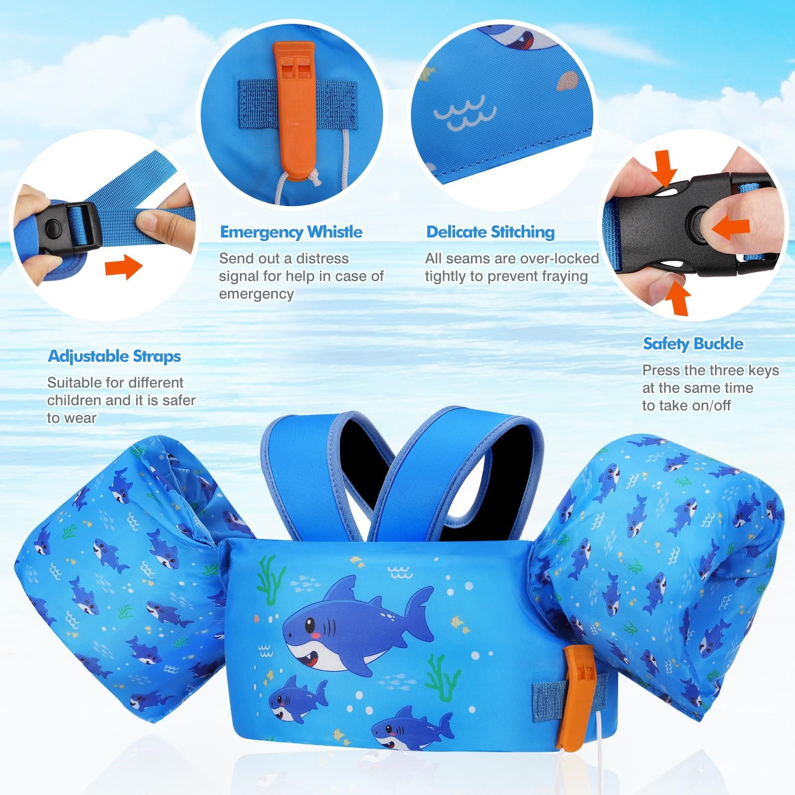 MoKo Toddler Swim Vest for Kids 20-30-50lbs Girls Boys, Arm Floaties Swimming Learning Training Equipment, Dark Blue Shark