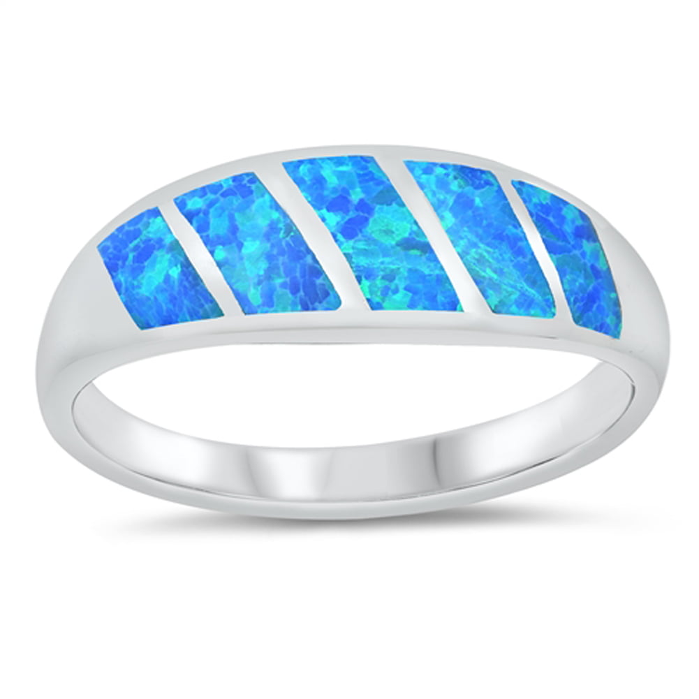 Fine 3mm Sterling Silver Simulated Blue Opal Band Ladies Ring