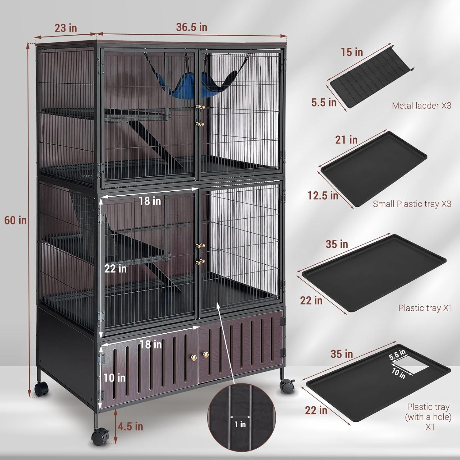 Metal Ferret Cage 36.5"x23"x60" 3-Level Rolling Chinchilla Cage, Small Animal Mansion with Hammock, Lockable Storage & Ramps, Multi-Species Habitat for Ferret, Chinchilla, Guinea Pig, Pet Rat