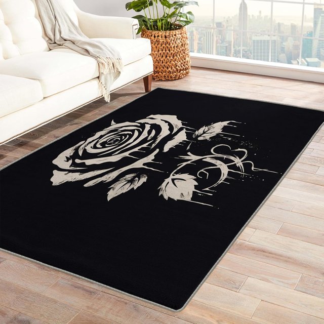 Floral Area Rug 6x8, Black Rugs for Bedroom Living Room, Gothic Carpet, Machine Washable Rug, Non Slip Soft Low Pile Rugs Large Area Rug Home Decor T6&-321