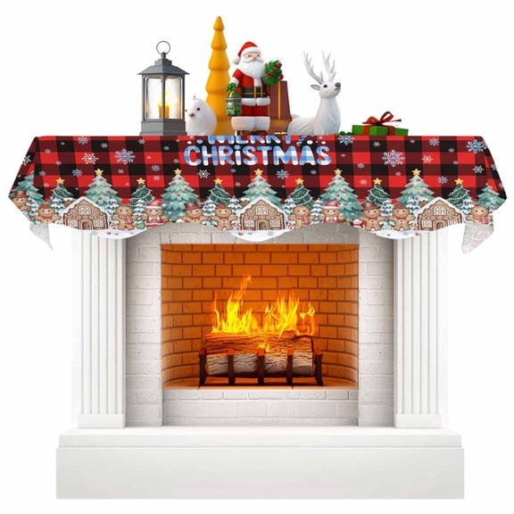 Christmas Snowflakes Fireplace Mantle Scarf, Winter Gingerbread Man Xmas Tree Plaid Mantel Cover Table Runner for Home Living Room Door Window, Indoor Outdoor Holiday Party Decor 17" x 70"
