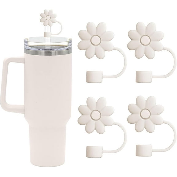 Flower Straw Covers Toppers for Stanley Cups 30&40 Oz Tumbler with Handle Accessories 4PCS Silicone Straw Caps Reusable Straw Tips Protectors for Stanley Cup 10mm 0.4in Straws,Off White