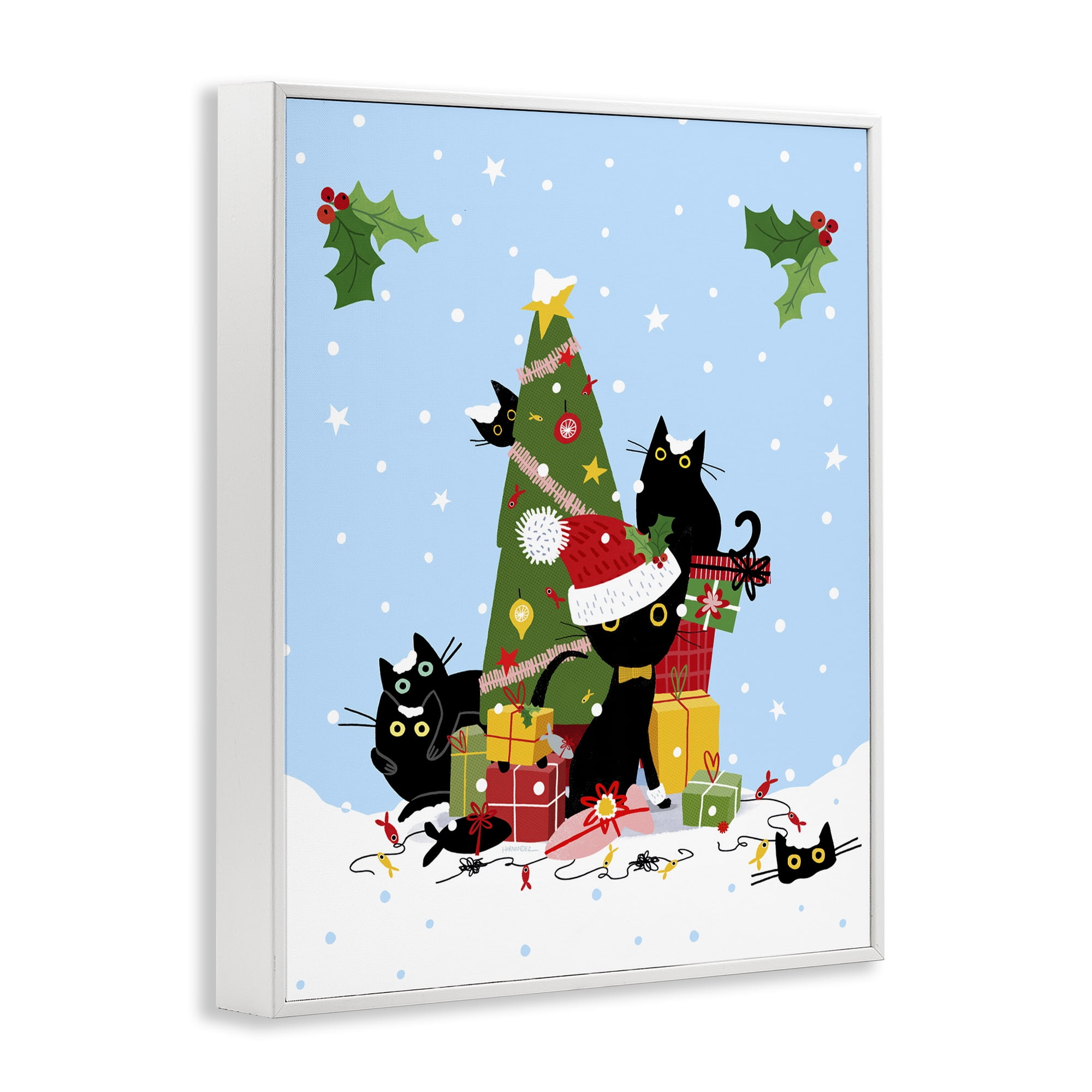 Stupell Industries Silly Cats in Christmas Tree Holiday Painting White Framed Art Prints Wall Art, 16 x 20