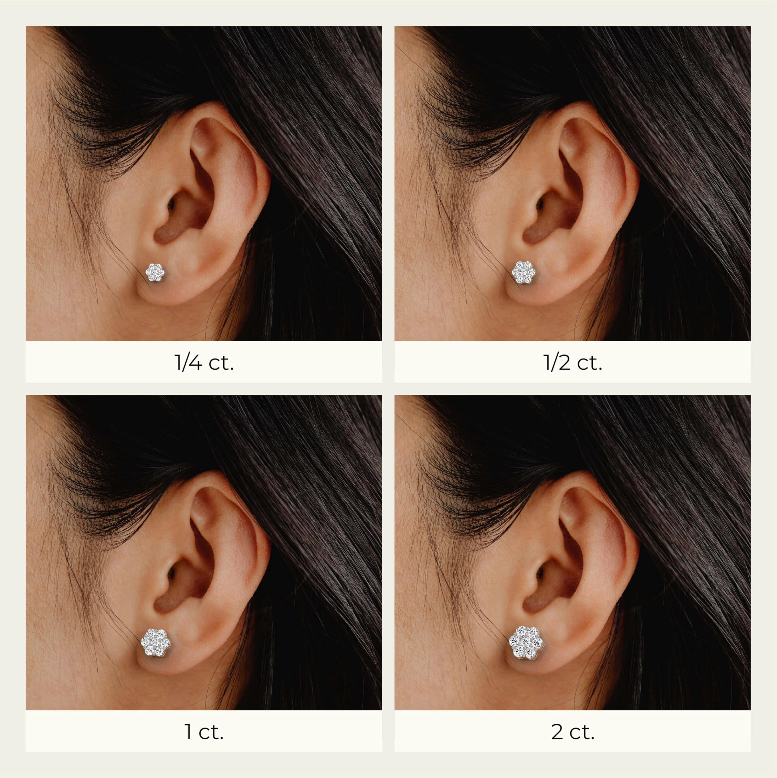 Gilded 2 Carat Total Weight Lab-Grown Diamond 14KT Yellow Gold Plated Silver Stud Earrings for Women, 7-Stone Flower Shaped, Hypoallergenic Fine Jewelry, Prong Setting, Push Back SI1 Clarity, F Color