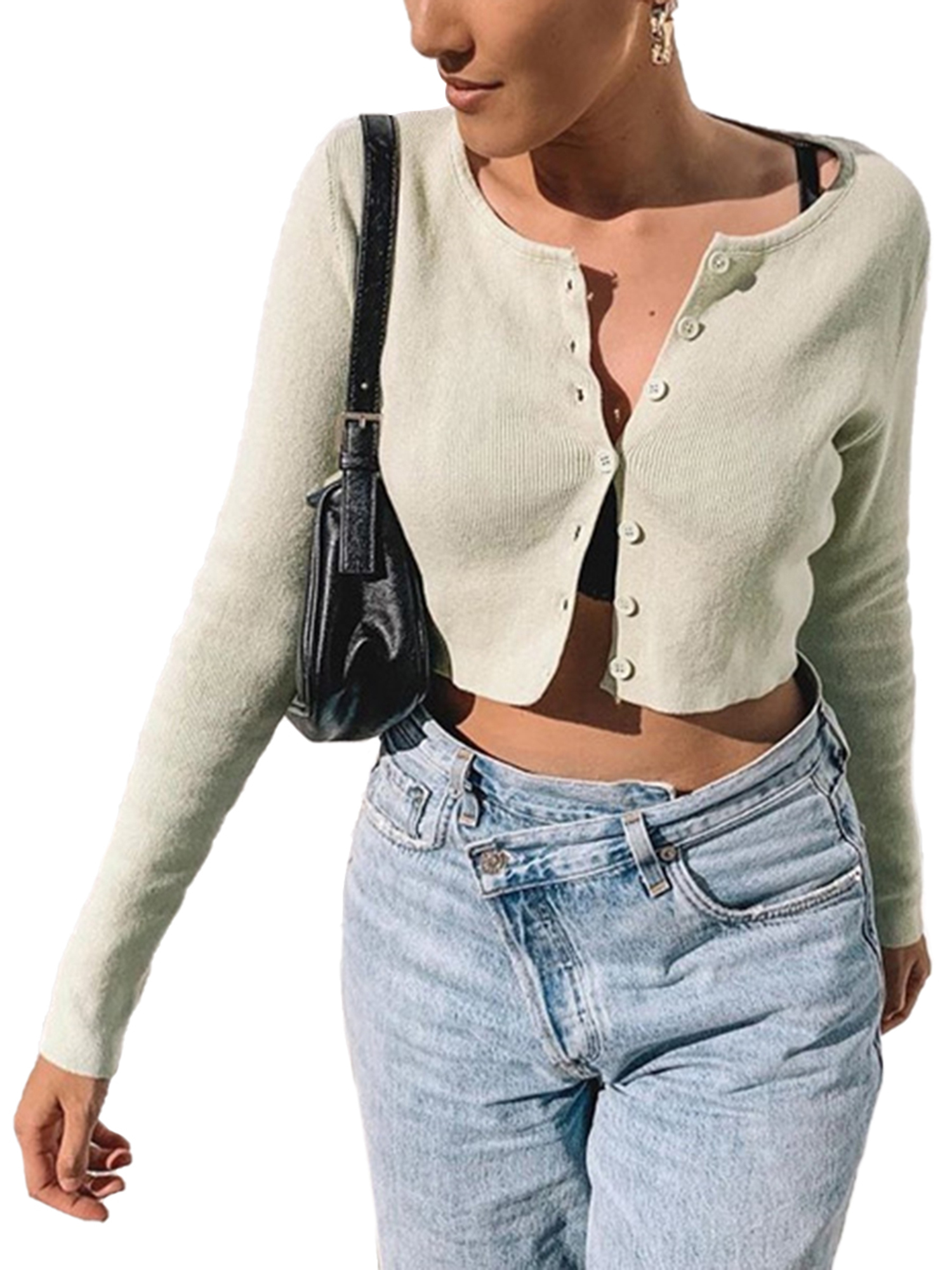 Kayotuas Women Cropped Cardigan Long Sleeve Round Neck Button Down Sweater  Tops - Walmart.com