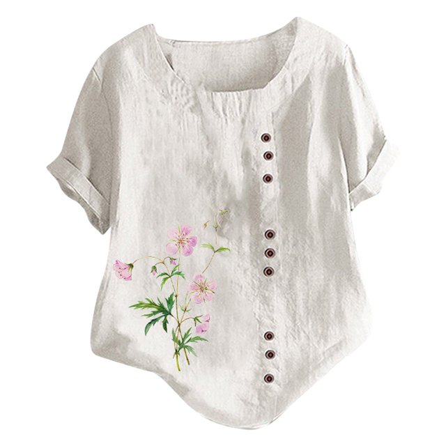 Icvfdpl Shirts For Women New Printed Pullover Short Sleeved Loose Plus Size Shirt Linen Outwear Soft Xxxl
