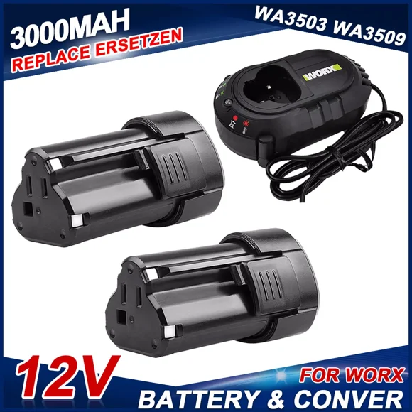 WA3503 Batería de Litio de 12V 3000mAh Paquete de 2 +Charger set Reemplazo for Worx Batería de 12V WA3503 WA3504 WA3505 Batería Inalámbrica para Herramienta Eléctrica