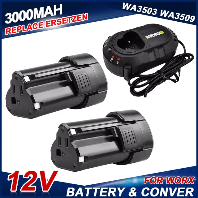 WA3503 Batería de Litio de 12V 3000mAh Paquete de 2 +Charger set Reemplazo for Worx Batería de 12V WA3503 WA3504 WA3505 Batería Inalámbrica para Herramienta Eléctrica
