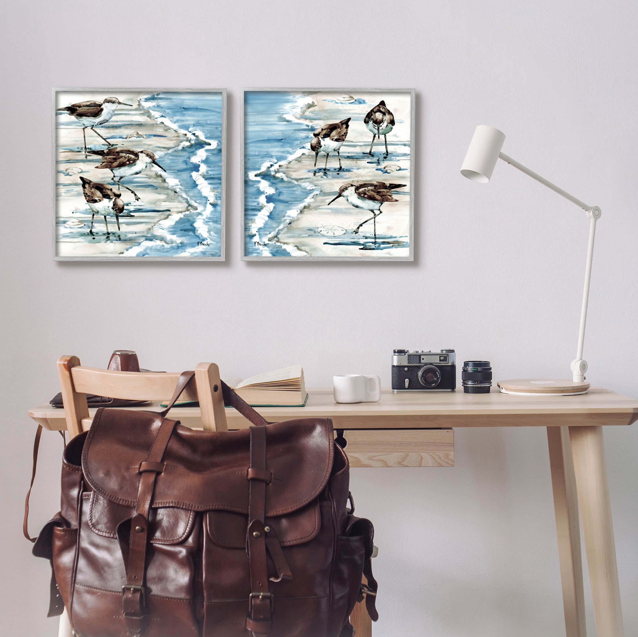 Stupell Industries Sandpipers Grazing Beach Shore Painting Gray Framed Art Print Wall Art, Set of 2, Design by Paul Brent