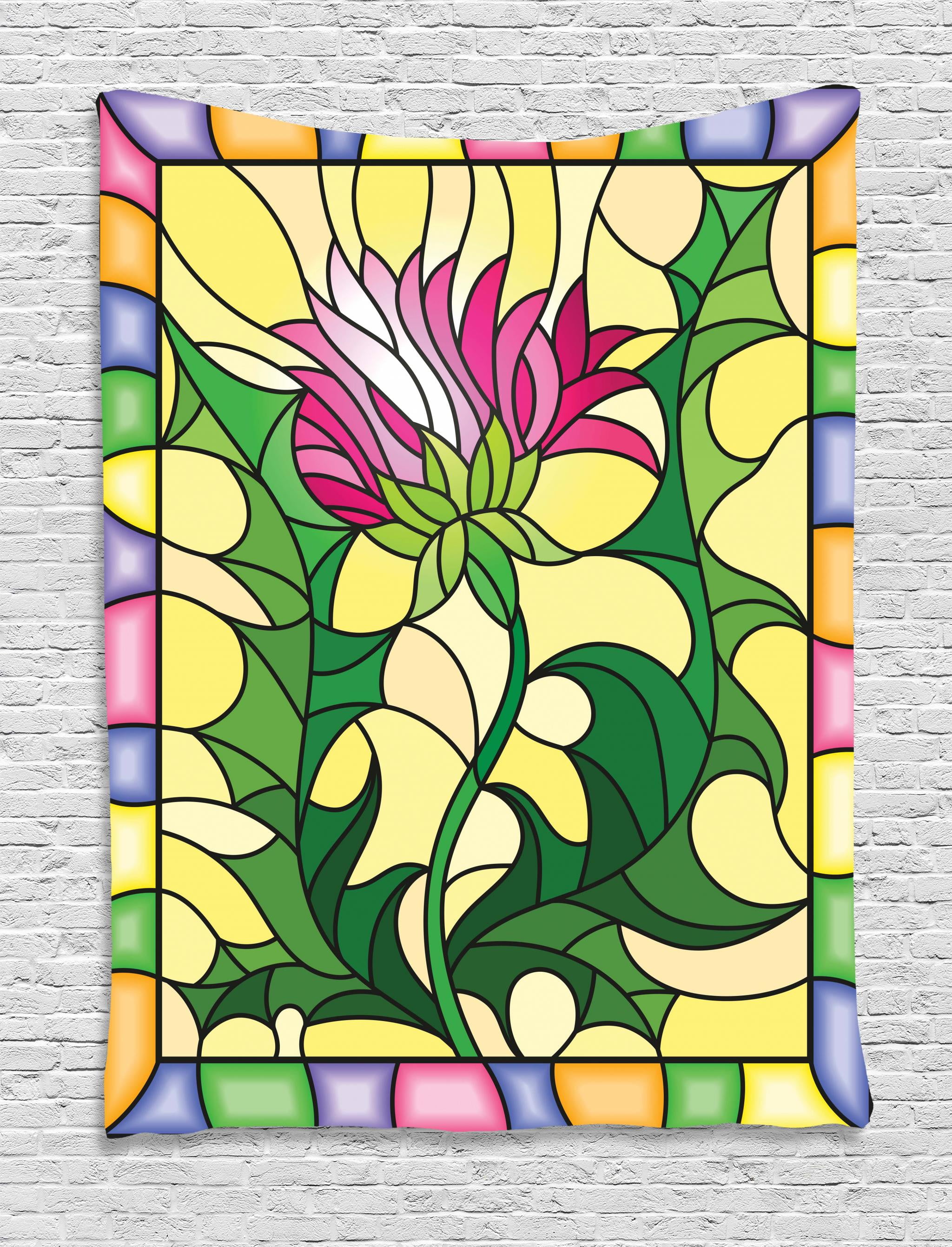 Thistle Tapestry, Colorful Stained Glass Style Flower Motif of Pink
