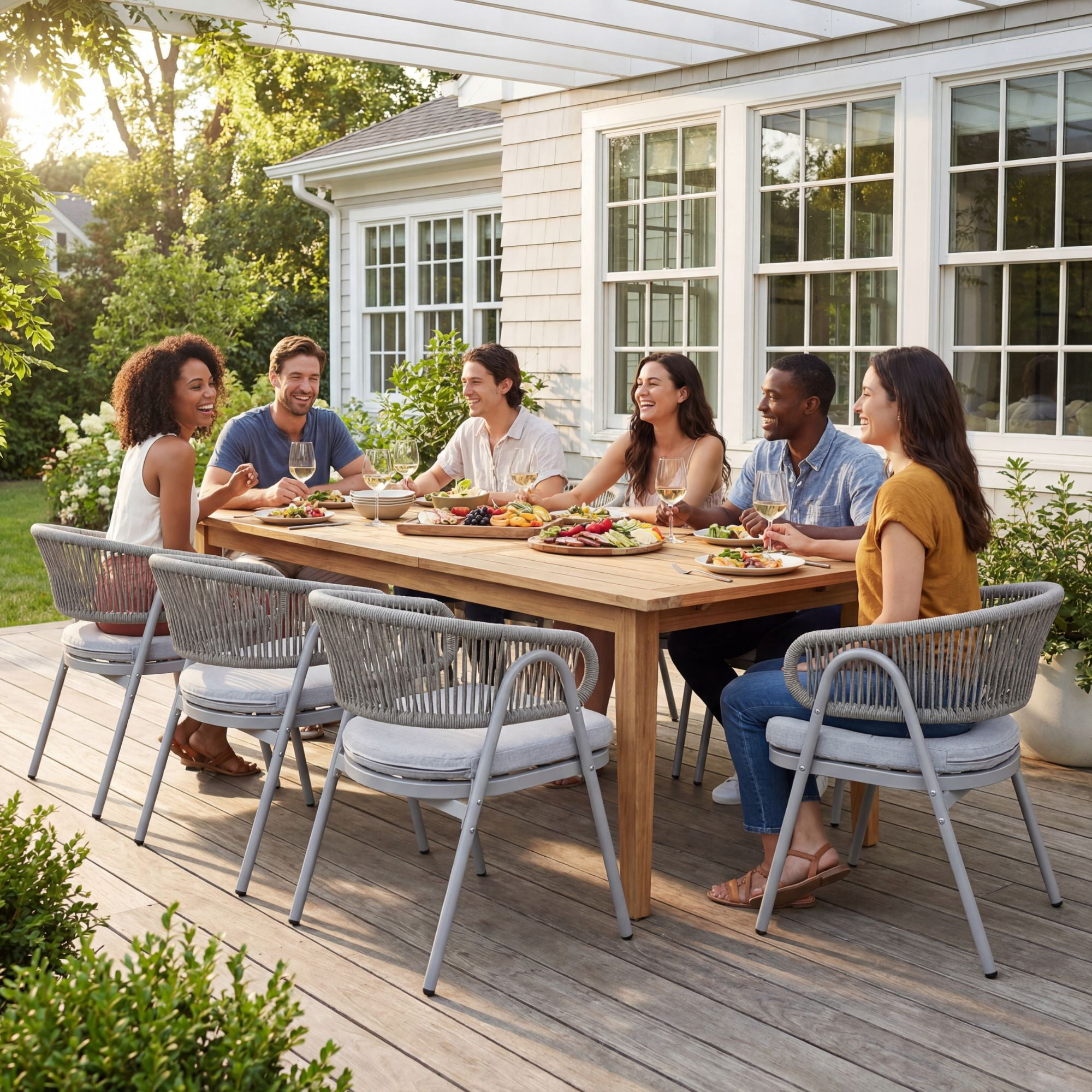 Dayalane Outdoor Dining Chairs Set of 6, Modern Rope Woven Patio Armchairs with Curved Back, Weather-Resistant Metal Frame, Balcony Backyard Bistro Seating, Grey