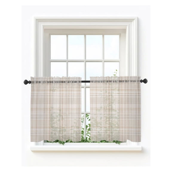 Brown Farmhouse Plaid Tier Curtains 24 Inch Length,Sheer Curtains for Bedroom Living Room Window Beige Buffalo Checkered Retro Rod Pocket Drapes Kitchen Curtains Small Half Window 27.5"x24" 2 Panels